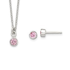 Sterling Silver Kids Bezel Pink CZ Necklace and Post