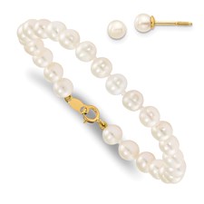 14K White Freshwater Cultured Pearl Bracelet and Earring Set